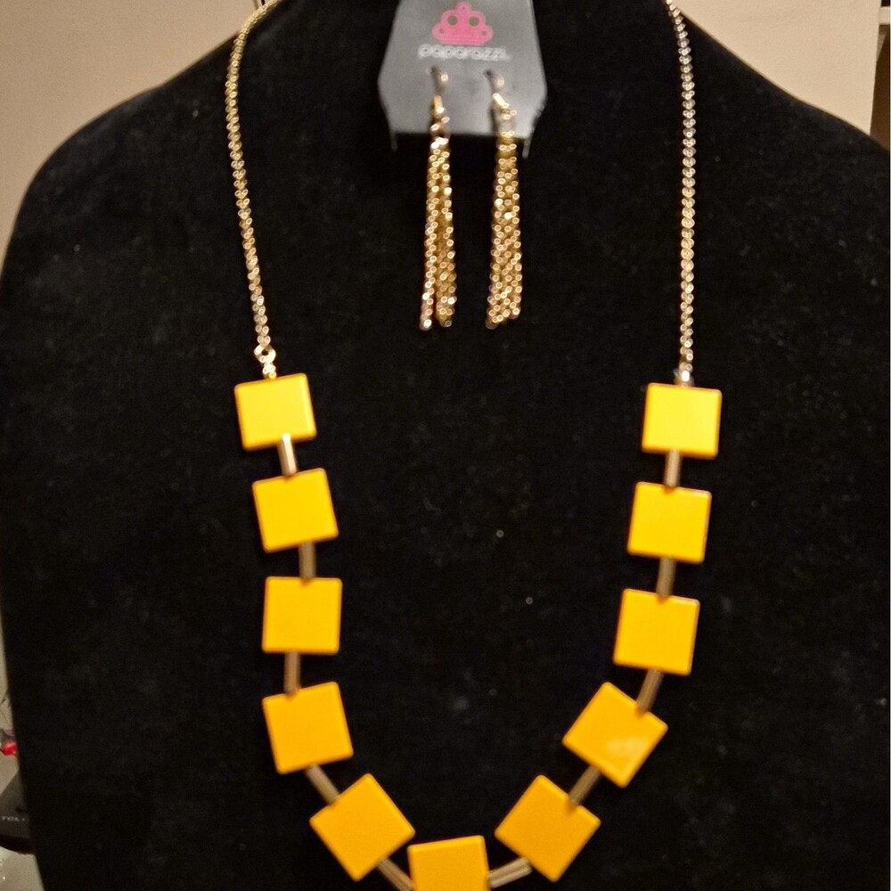 Paparazzi Hello, Material Girl Orange & Gold Necklace & Earrings Set Adjustable